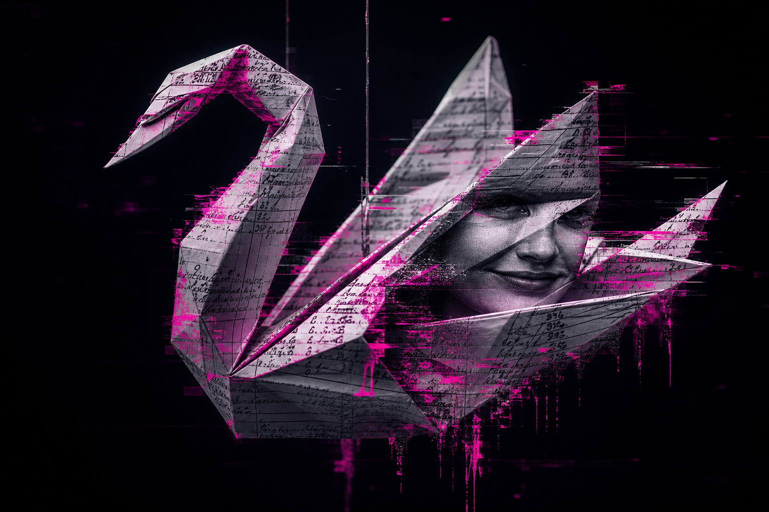 Un cisne de origami glitcheado, mitad papel mitad código, desplegándose en un rostro de mujer