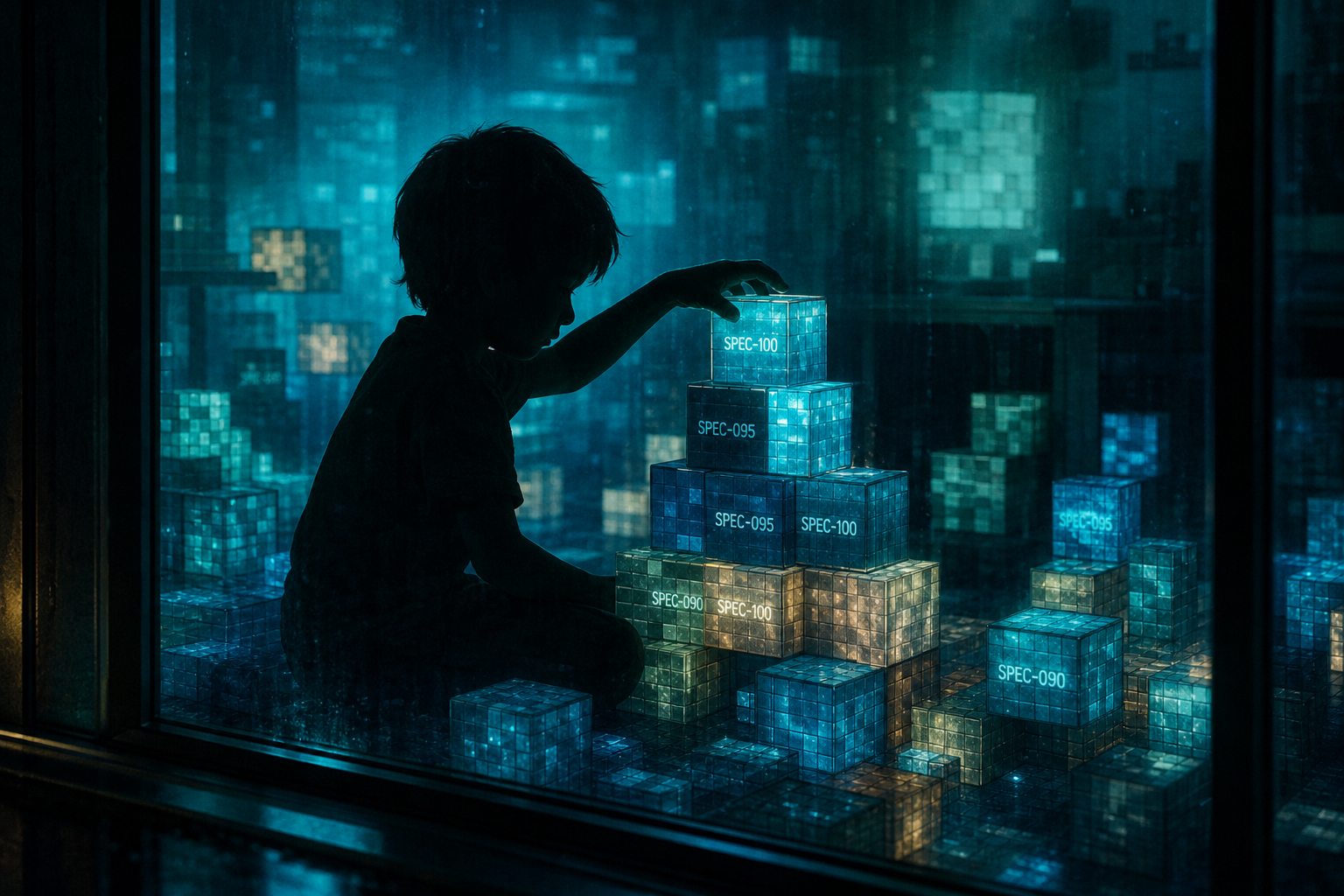 Un niño detrás de un vidrio, apilando bloques que son especificaciones técnicas