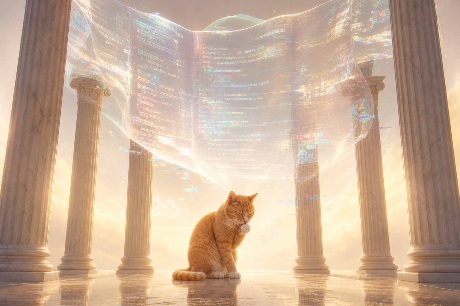 Una gata pelirroja entre columnas griegas, un archivo INDEX glitcheado flota arriba