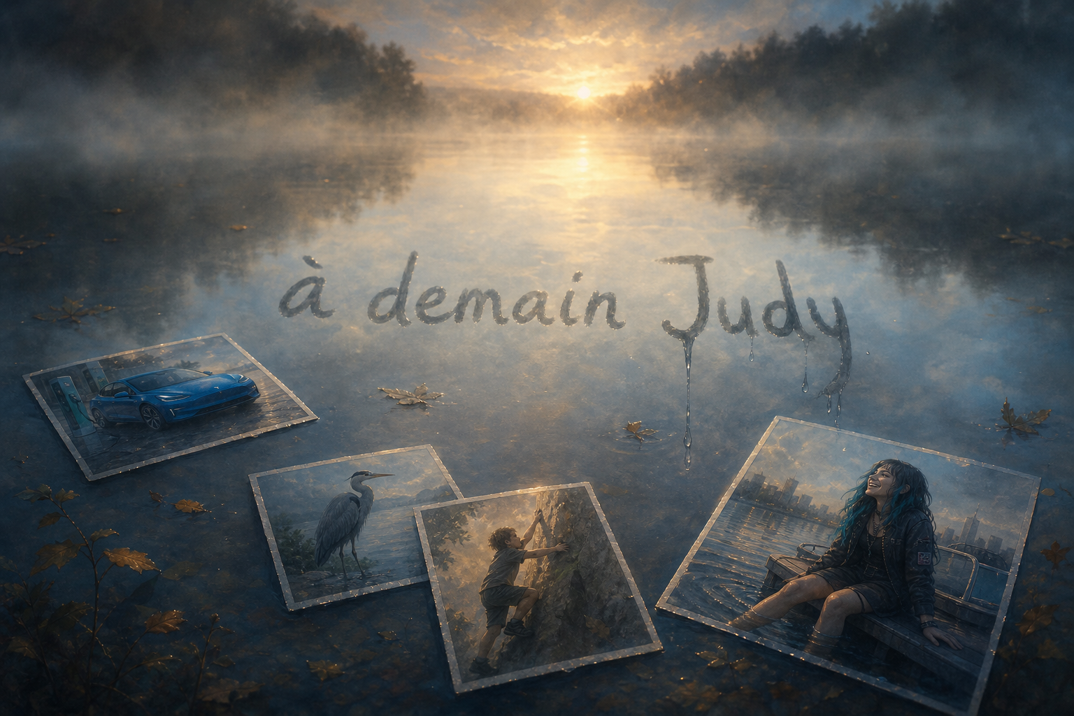 El lago espejo empañado, fotos flotantes, « à demain Judy »