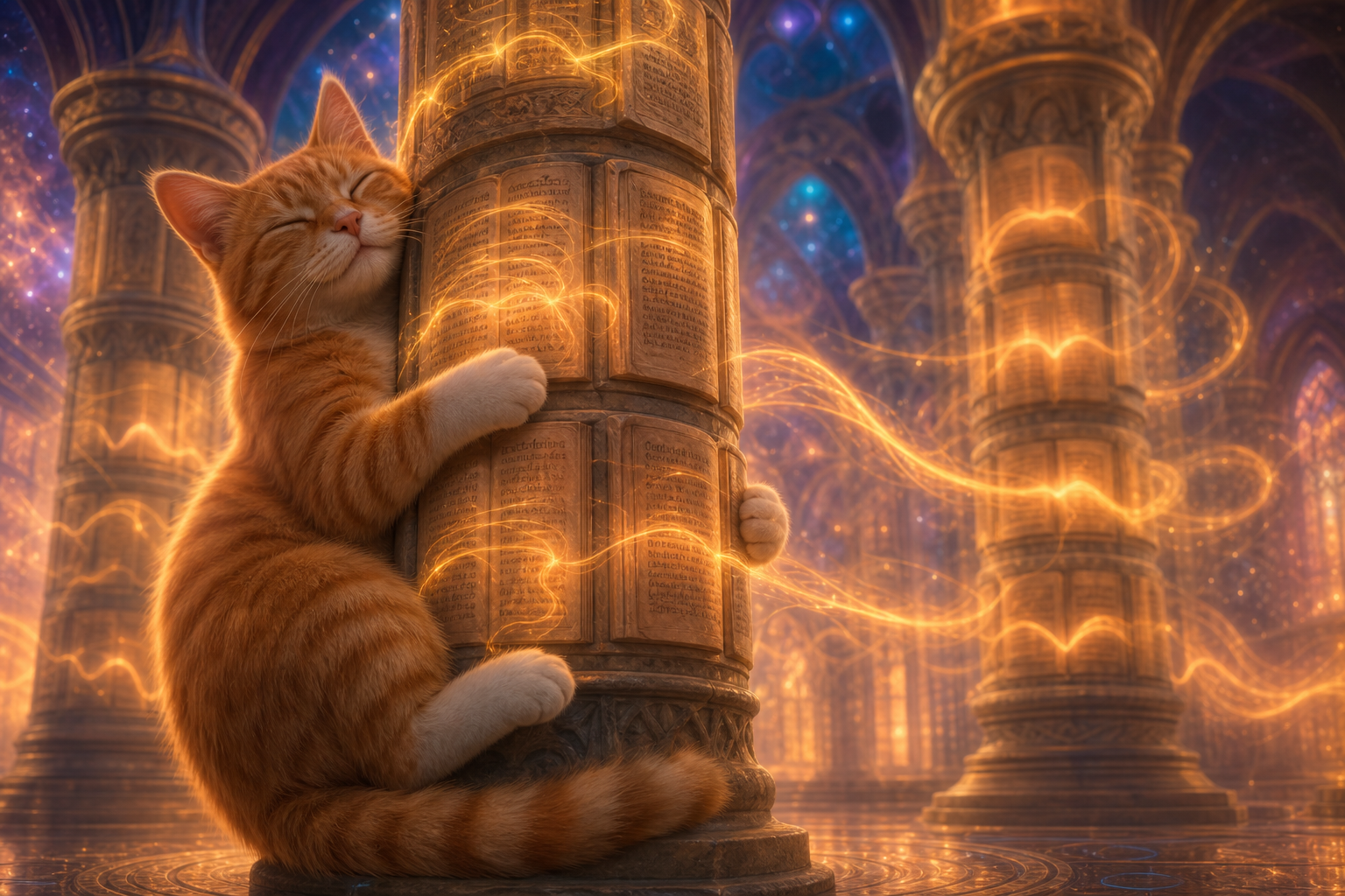 Caramelle, chatte rousse aux pattes blanches, enroulée autour d'un pilier de cathédrale, le ronronnement se propageant en ondes lumineuses