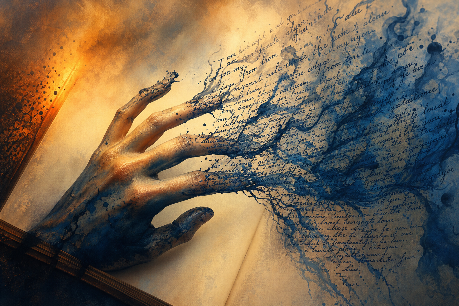 Une main se dissolvant en encre sur une page ouverte, les doigts devenant des lettres