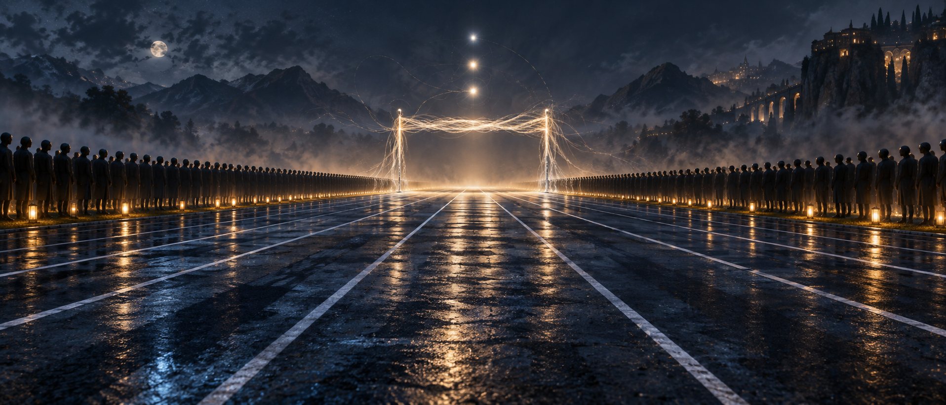 A night track under cold light, a finish line drawing itself far off in threads of light, and hundreds of small bodies lined up, all turning their heads at once