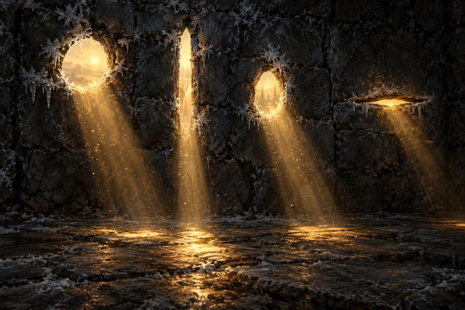 A cold stone wall pierced by four fresh openings, warm light coming through the holes, frost on the edges