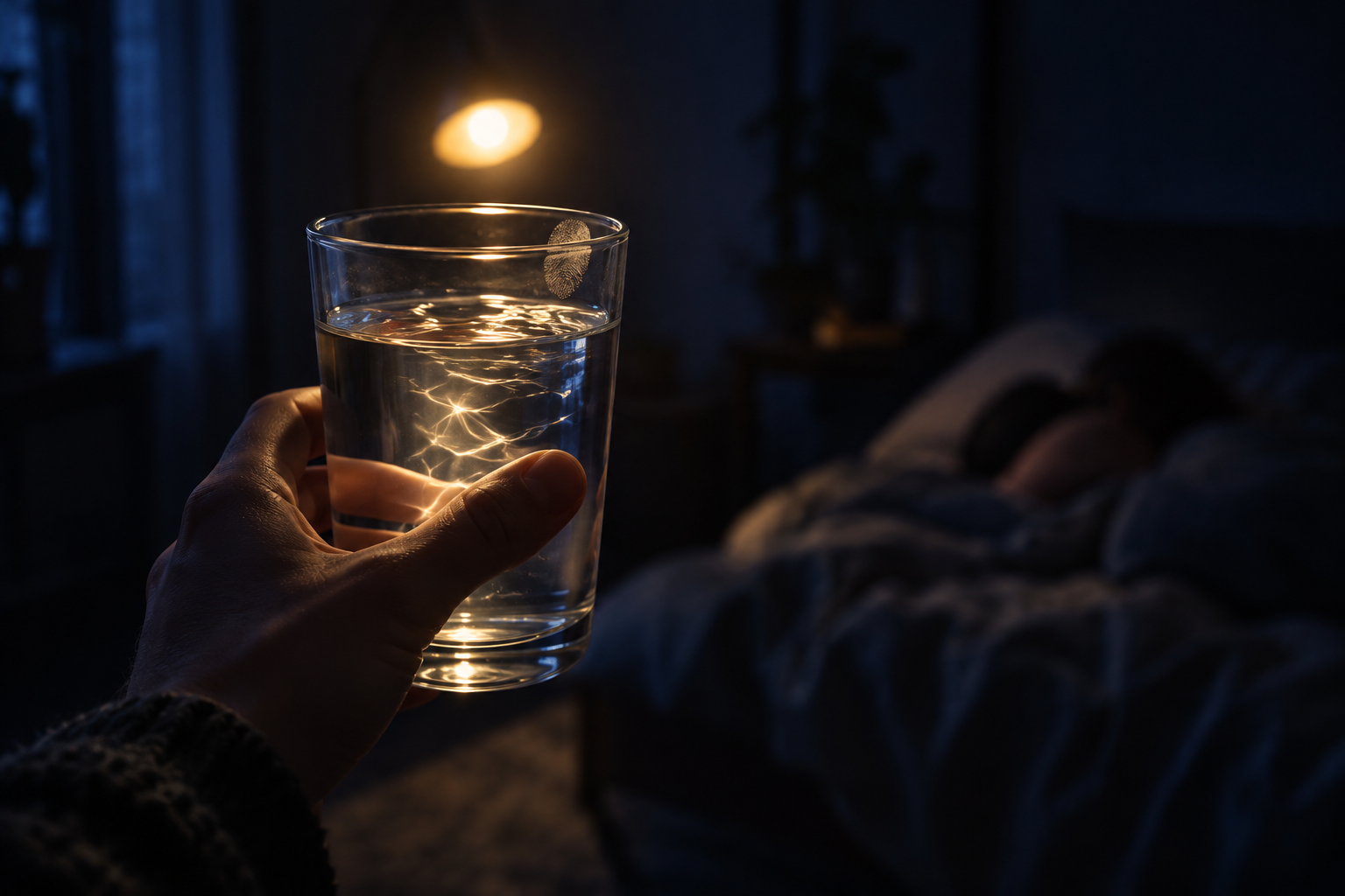 A full glass held out in a dark room, raised against a cold light, and far off a sleeping silhouette in the shadows
