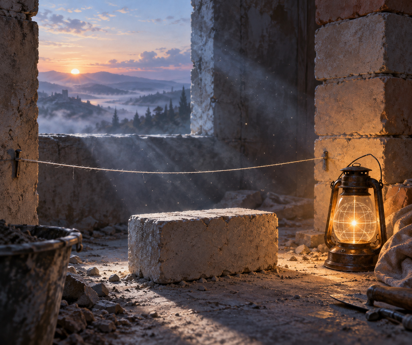 At dawn, a thread stretched taut without being tightened above a fresh brick, and a lit lantern whose glass carries faint coordinates
