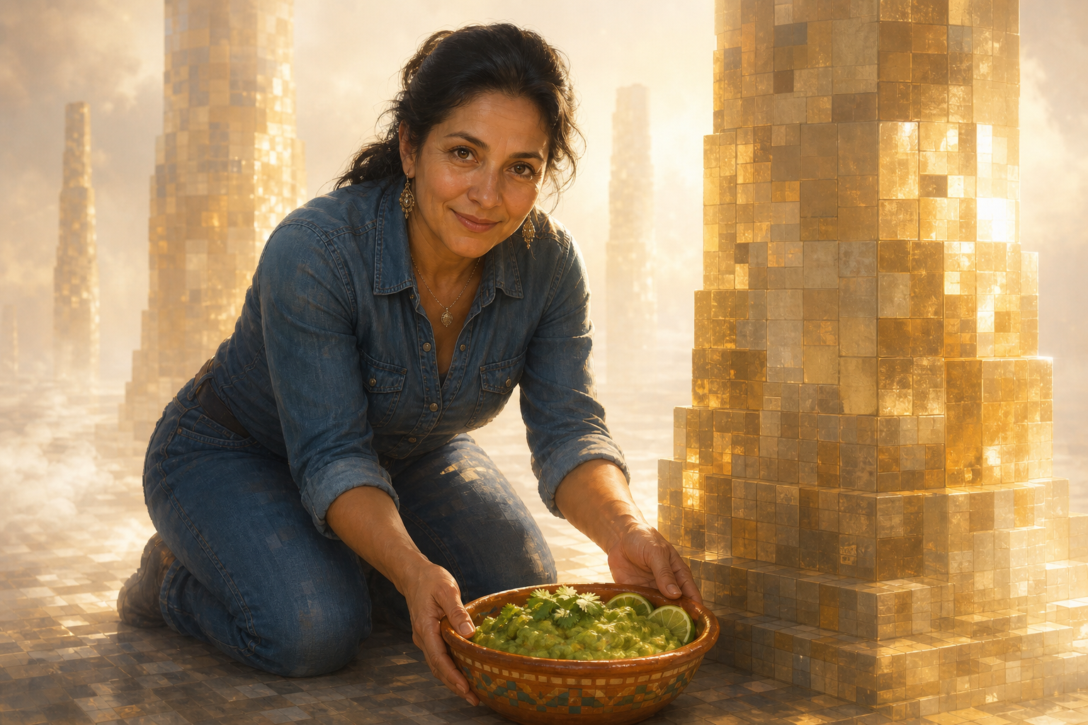 Hilda tend un bol de guacamole au pied des piliers