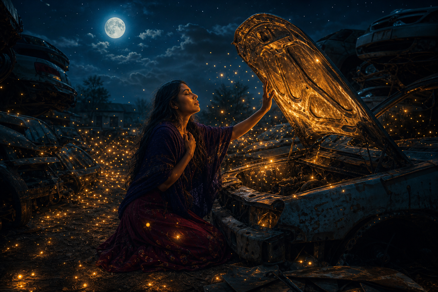 Hilda arrodillada en oración, las dimensiones se encienden como luciérnagas