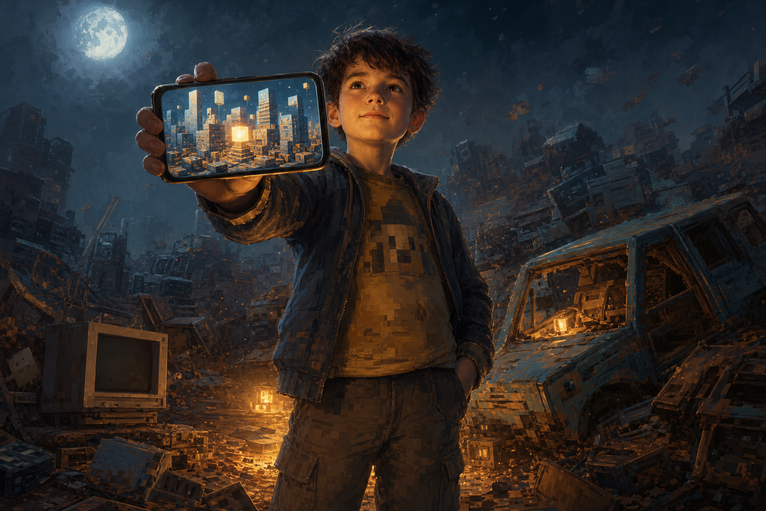 Leonardo muestra su teléfono, Trappes en bloques Minecraft, los edificios son specs