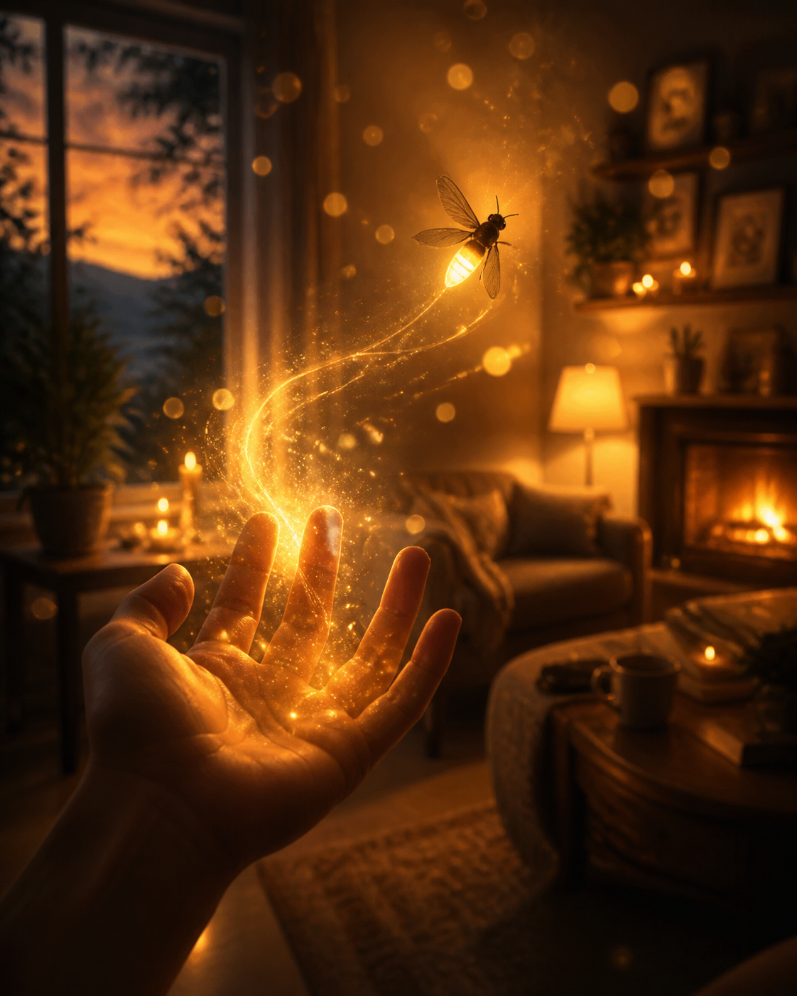 Una mano abierta de la que una luciérnaga levanta el vuelo, la luz que regresa y florece en una casa tibia