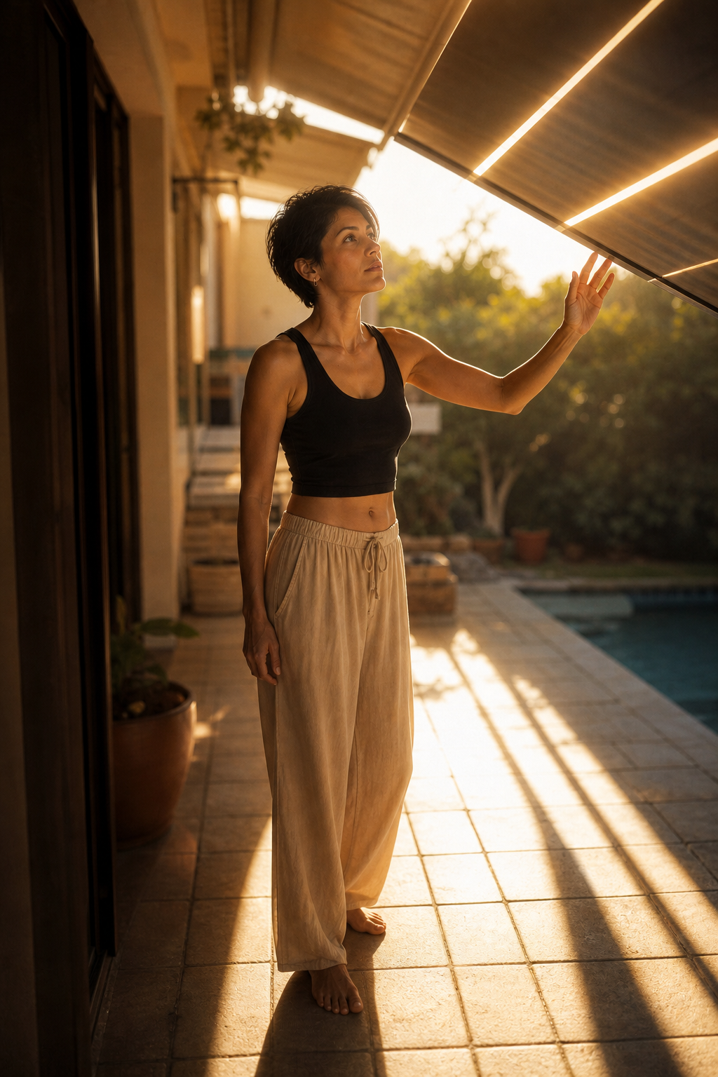 The terrace with the awning, crossed by golden light