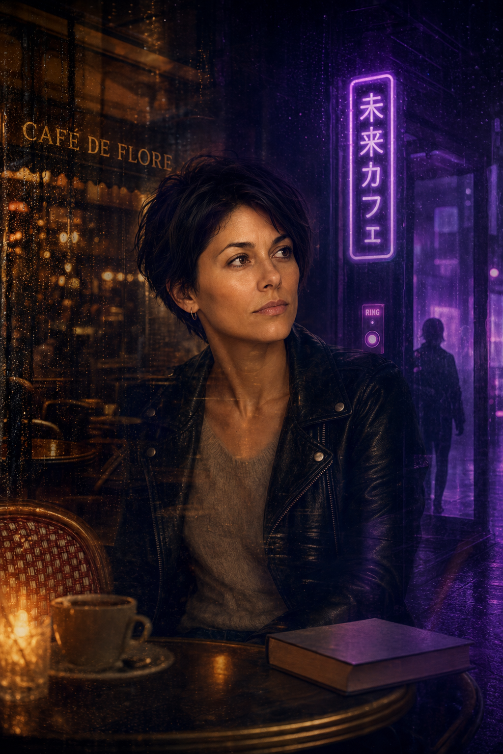 The two superimposed cafés — Neon City and Paris — humming at different frequencies