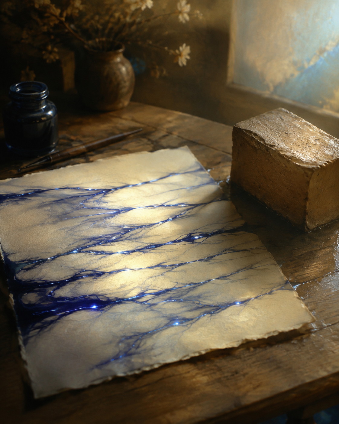 Indigo ink flowing across a wooden desk forming luminous bridges, and a fresh brick set beside it