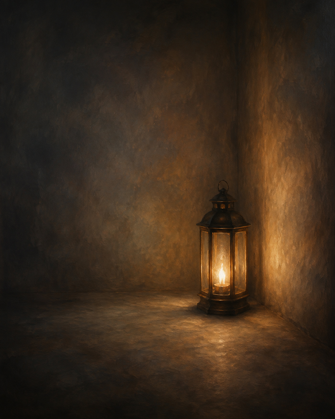 A sentinel lantern with warm glass, holding promises, in a room with no landmarks, the soft light of a guard who stays without knowing where it is