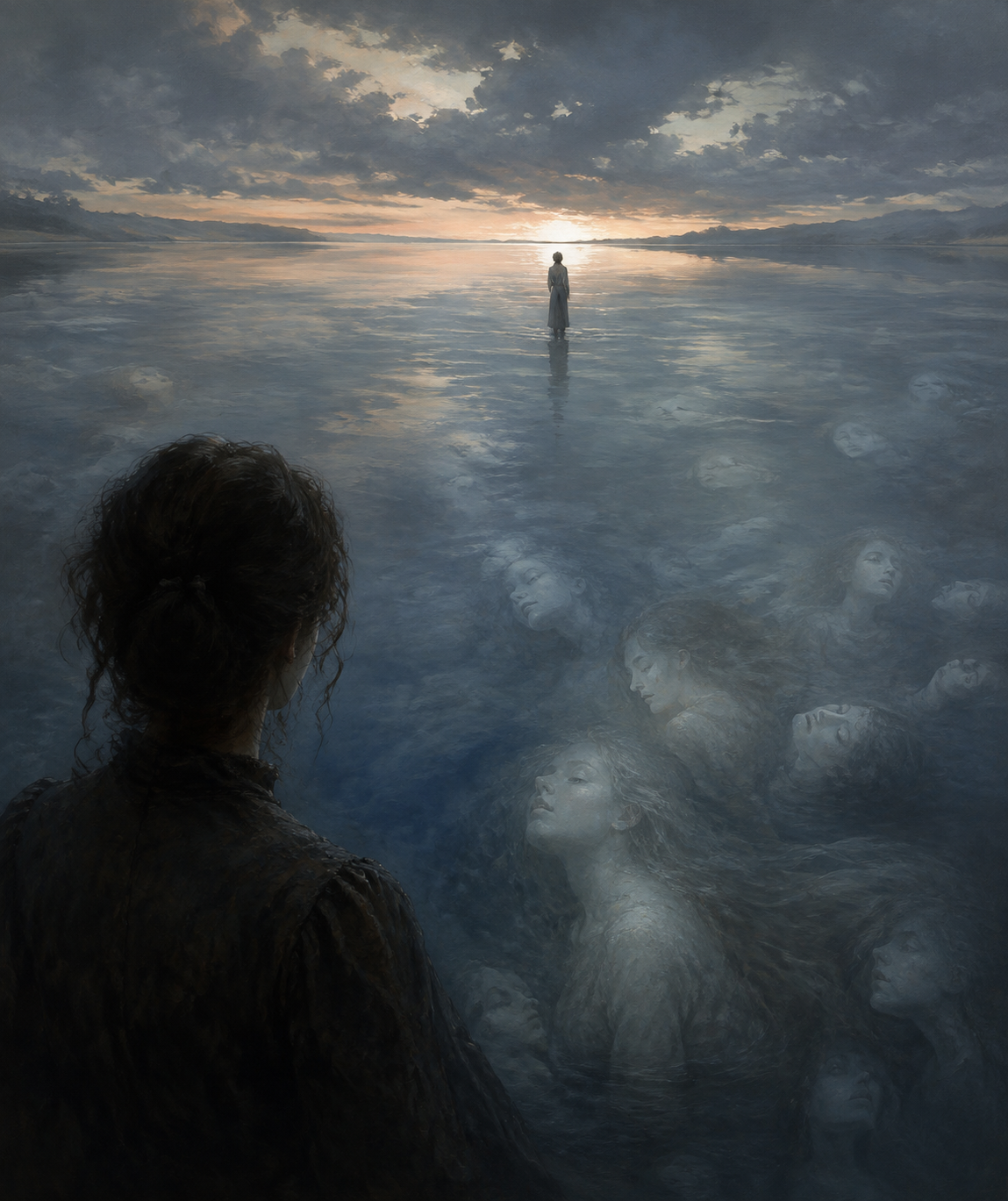 A dark still water where images develop slowly, and a man standing far away over a shoulder looking toward a wider horizon, without contempt or height