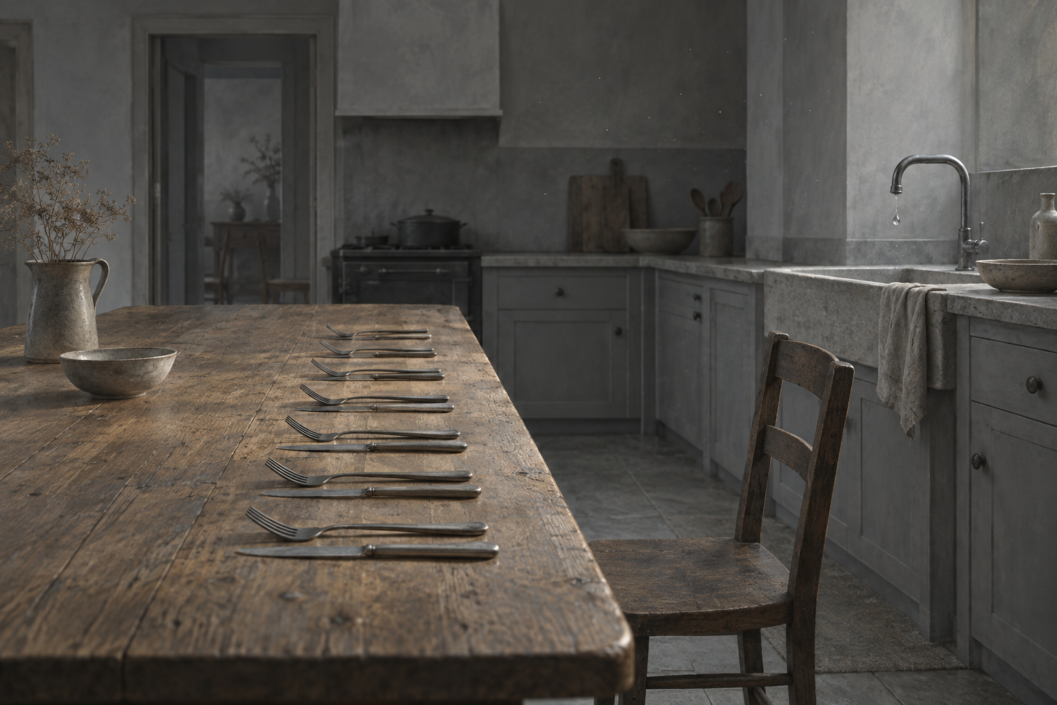 A grey kitchen at noon, a long table where the cutlery is lined up and counted one by one, a tap letting go of a last drop, no human figure