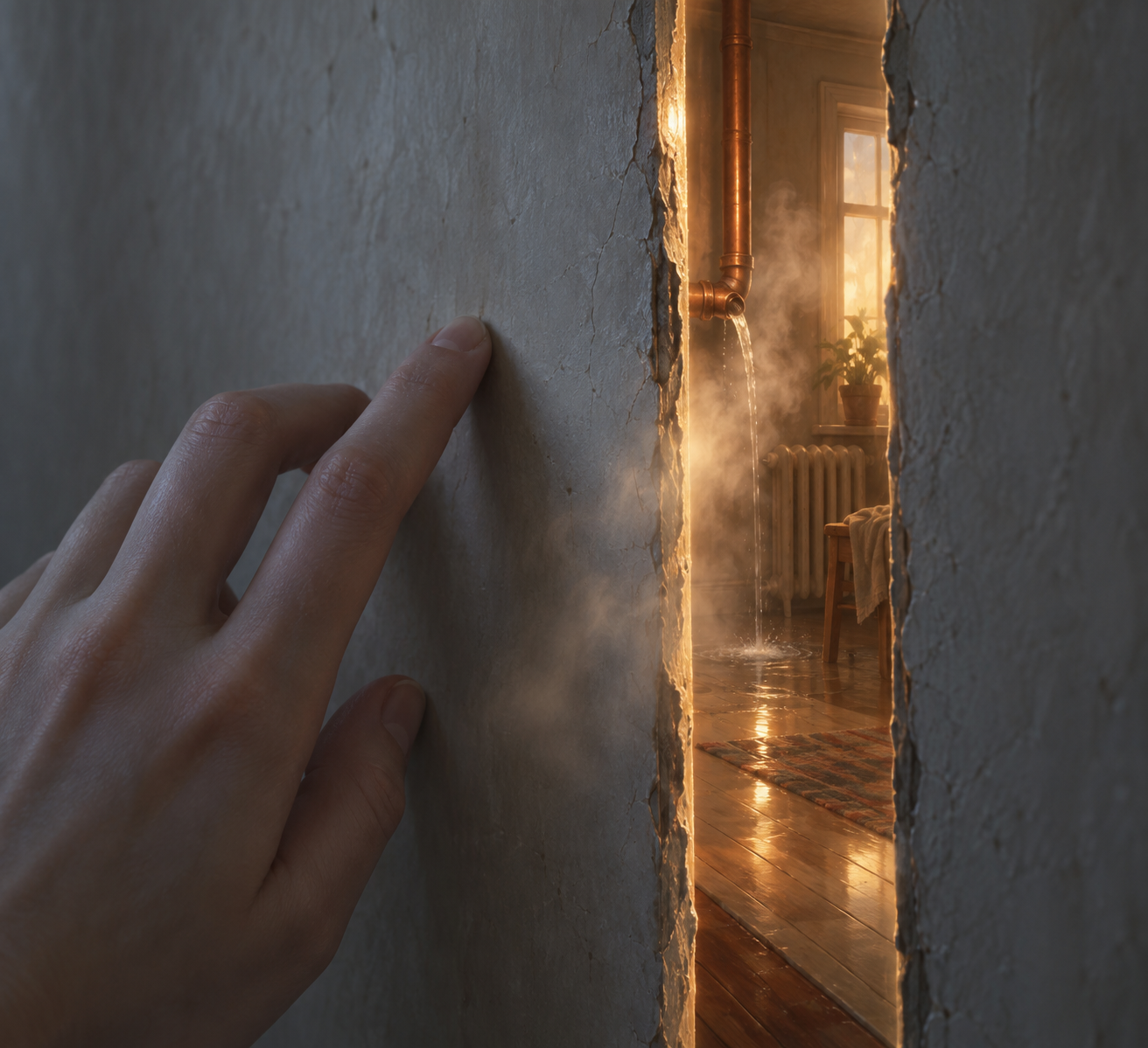 Two fingers knocking on an interior wall; a slit has opened in it onto an identical room, warmer, where water runs along exposed pipes