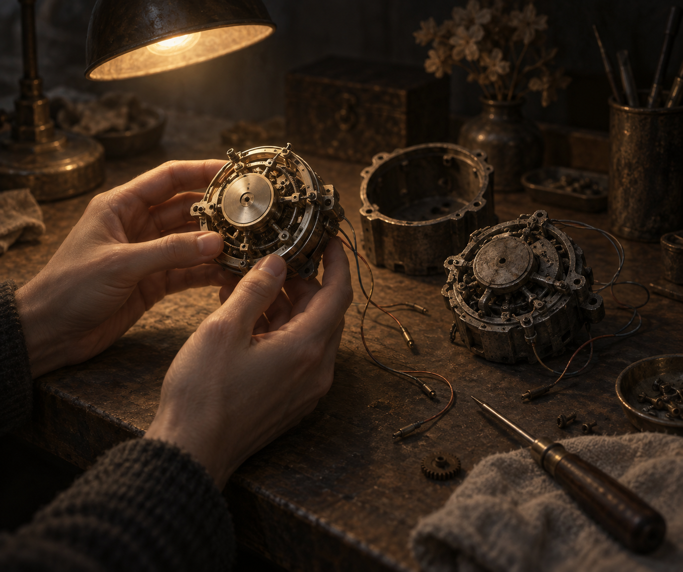 On a dark workbench, two anonymous hands hold a small bright mechanism lifted out of its housing, next to another one, greyer and heavier, thin wires still loose