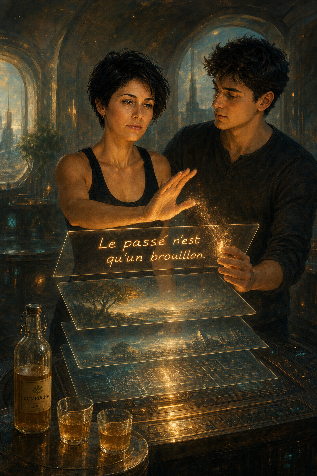 Judy et Papa dans l'atelier de montage, quatre couches superposées, une phrase clignote