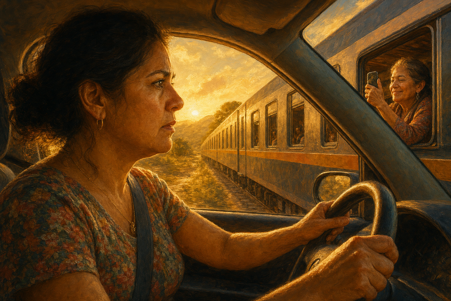 Elva au volant sur une route de campagne, Hilda dans un train en arrière-plan qui prend des photos