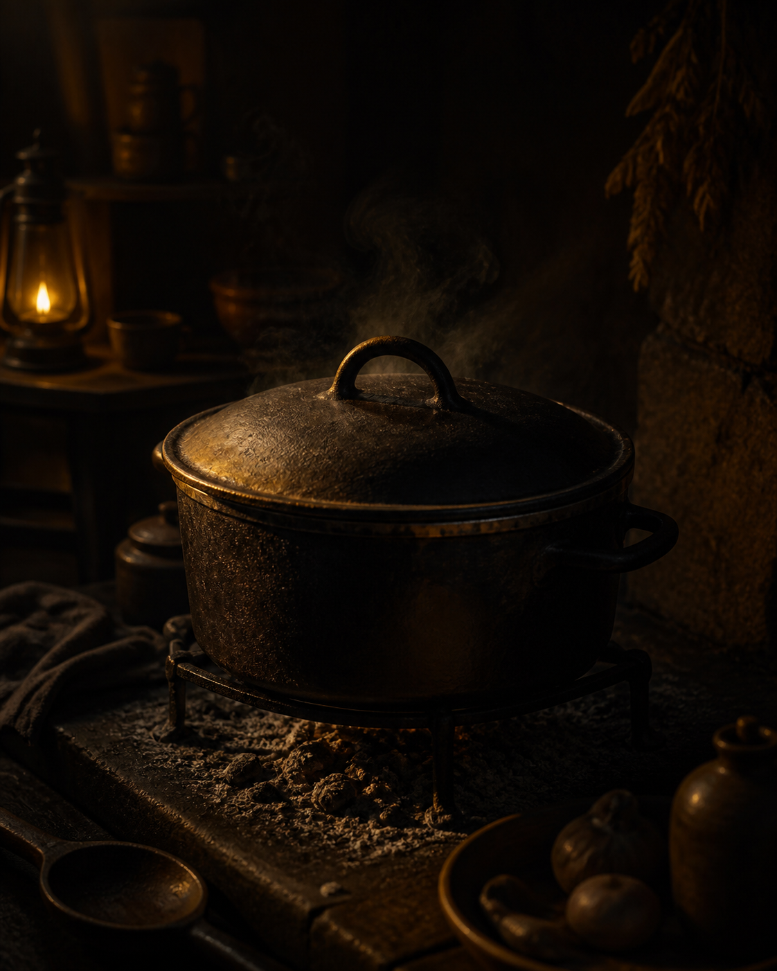 A closed pot in a dark kitchen, the fire out, faint steam rising from the lid