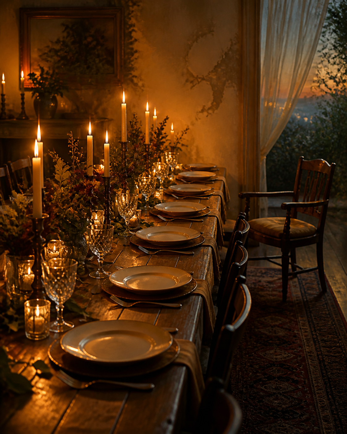 A long table set, empty plates lined up like names, an empty chair at the far end