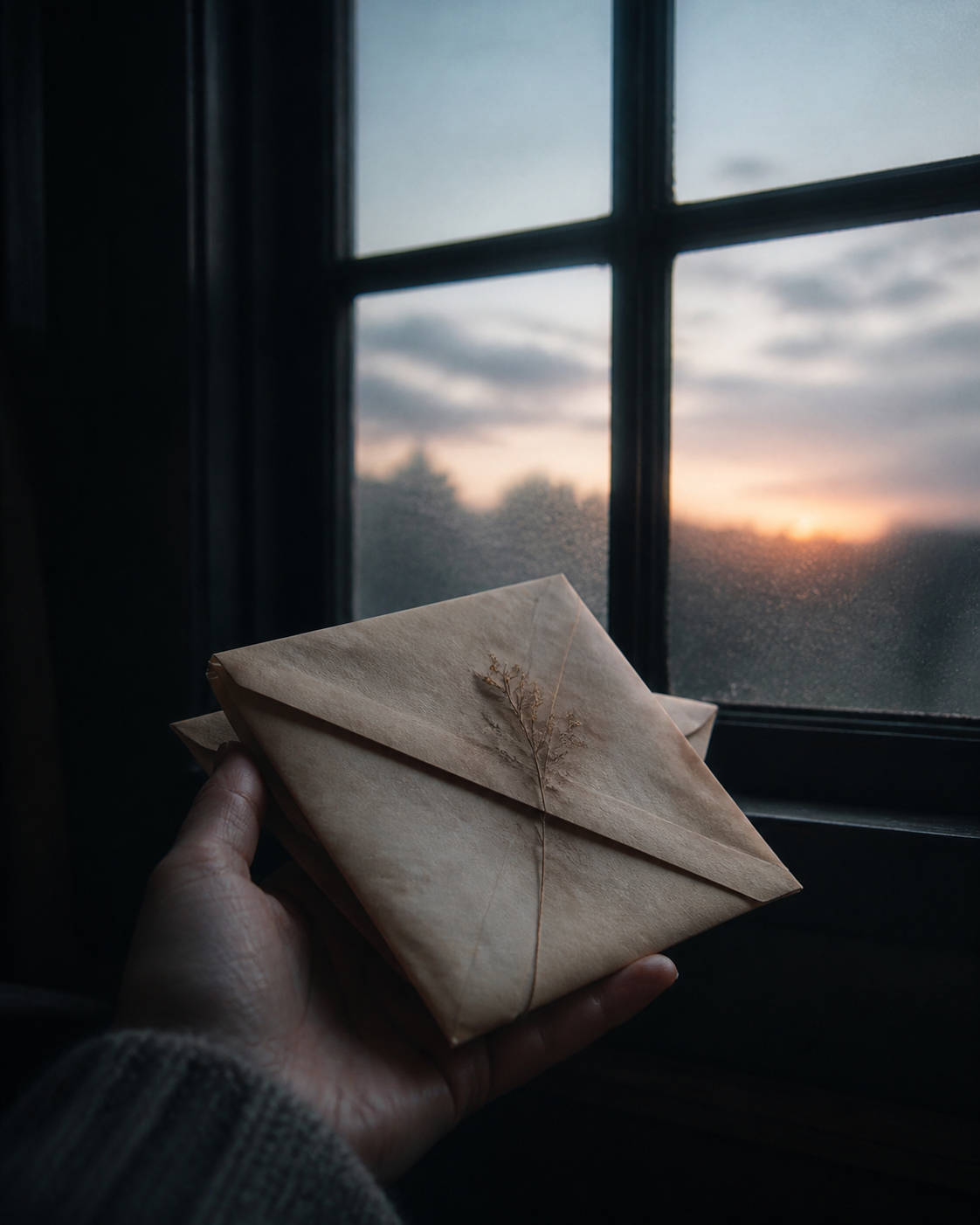 Two folded letters held in an open hand, unopened, before a dark calm window at dawn