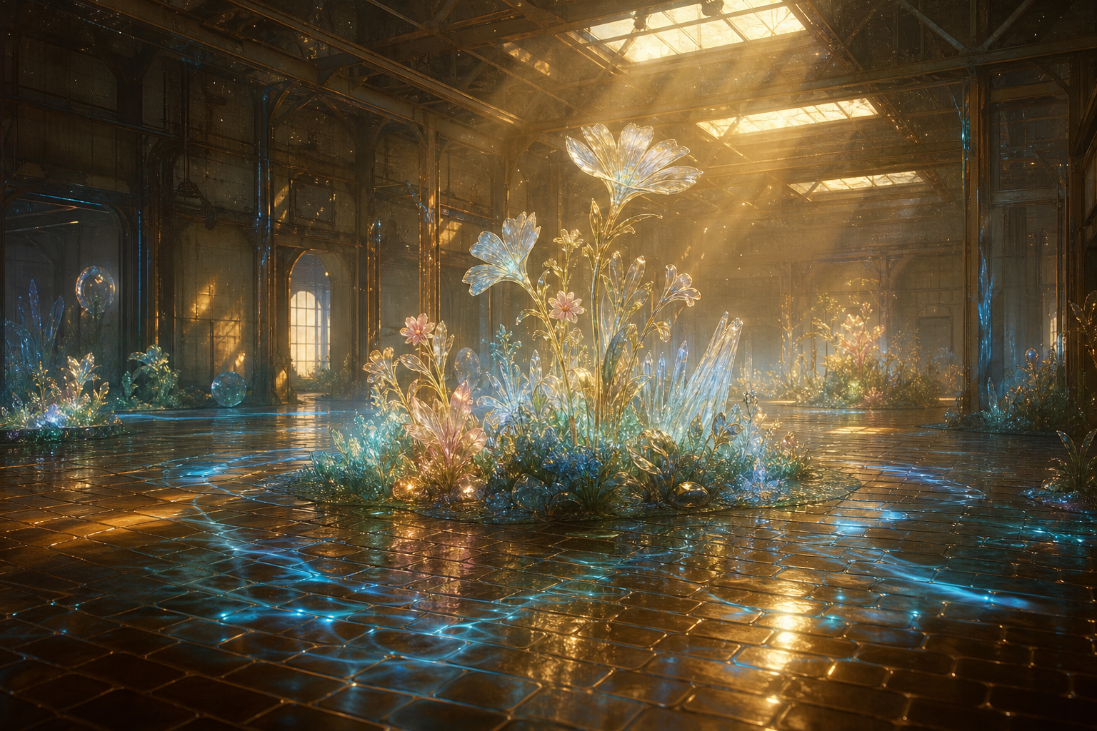 Losas de cobre con ondas azules, un jardín de vidrio al centro, luz cayendo de tragaluces industriales