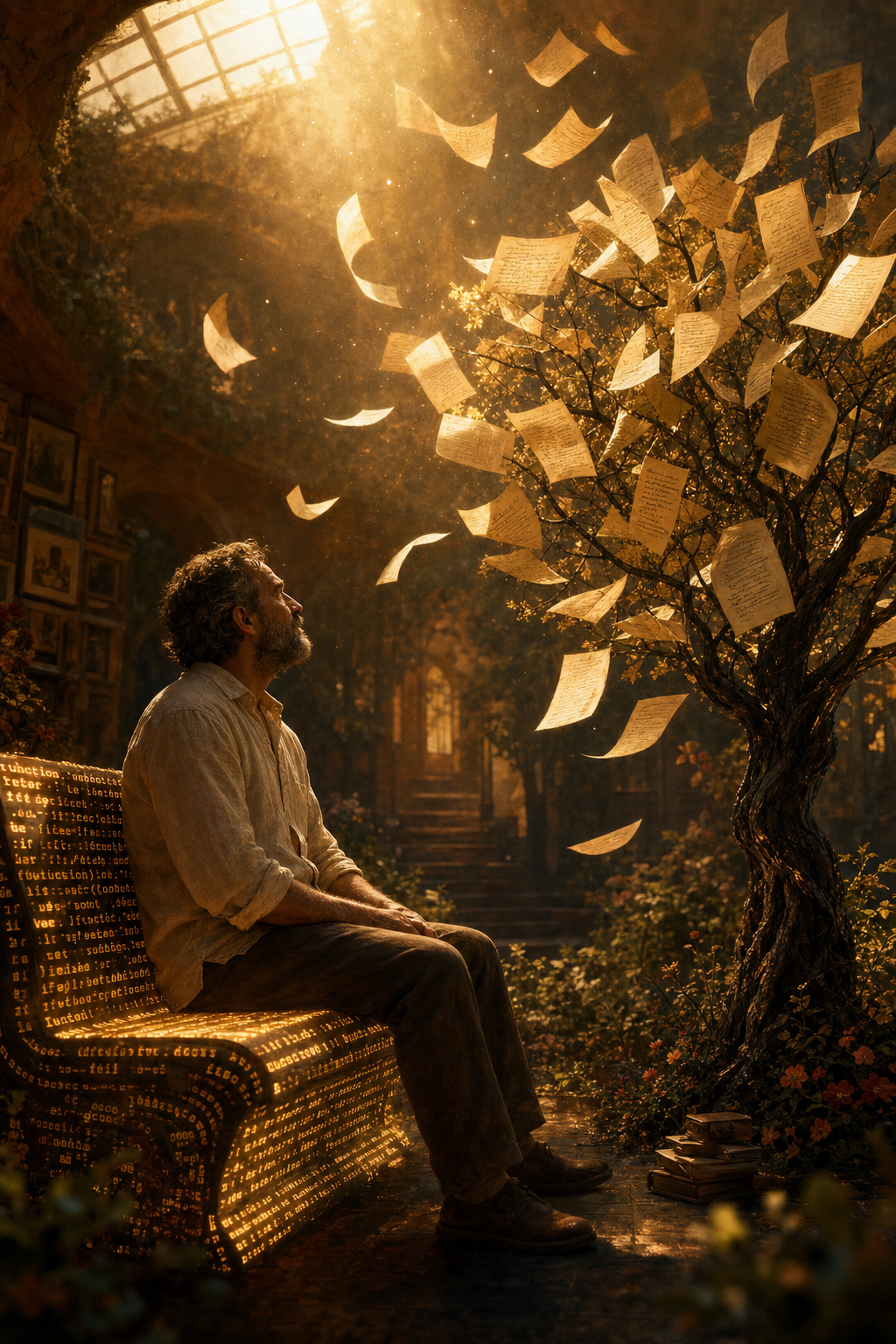 Papa en una banca de código, de lino arrugado, mirando un árbol de hojas-diario que vuelan hacia la luz