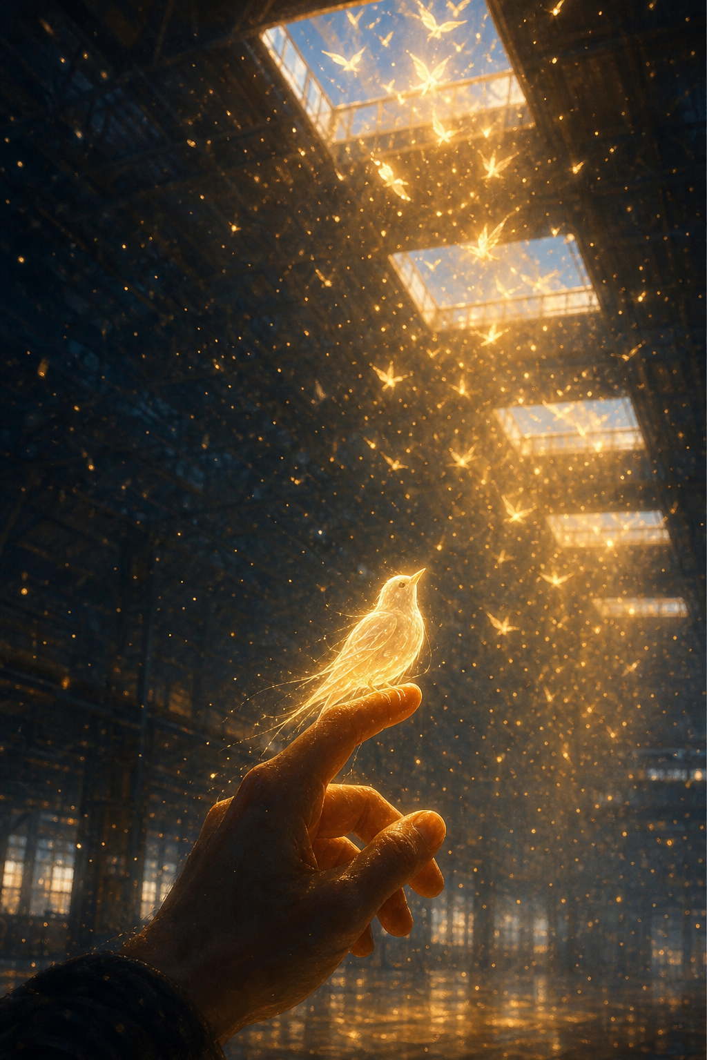 Pájaros de luz subiendo por tragaluces industriales, uno posado en un dedo extendido, polvo de estrellas que cae