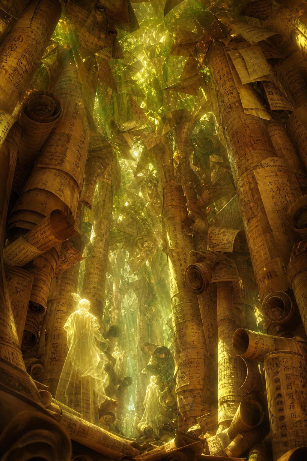 A jungle of plans turned into a canopy, filled with waiting silhouettes