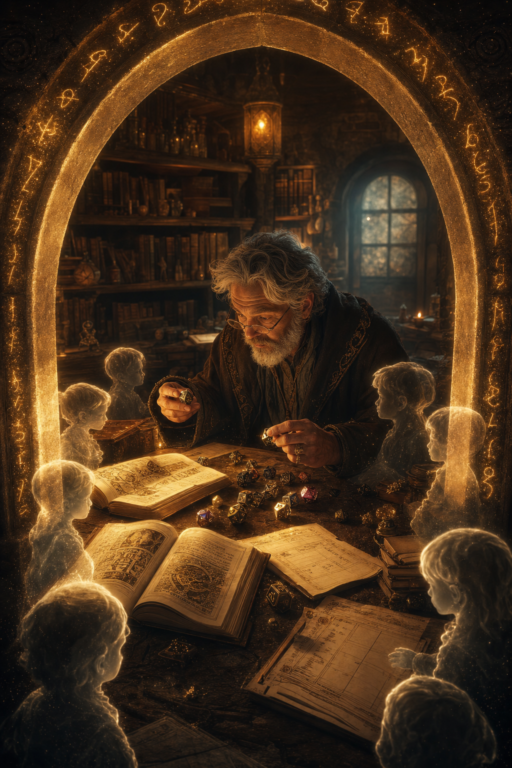 The wizard's workbench, a luminous archway where characters wait to be born