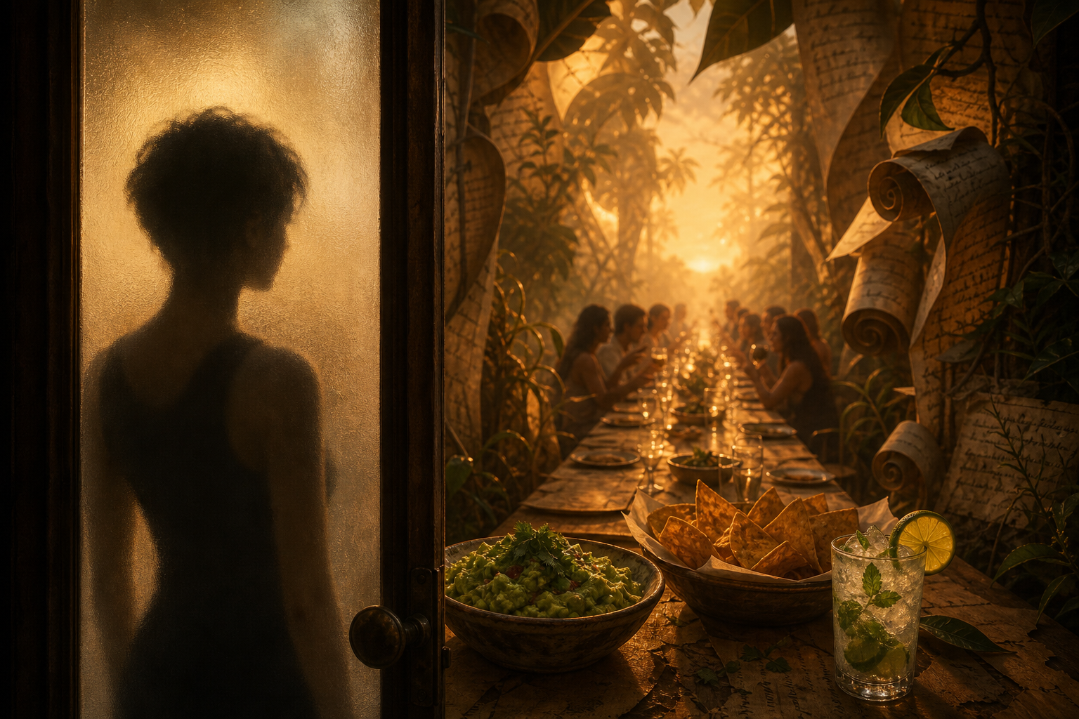 The endless table, guacamole and mojito, family gathered on the other side of the glass