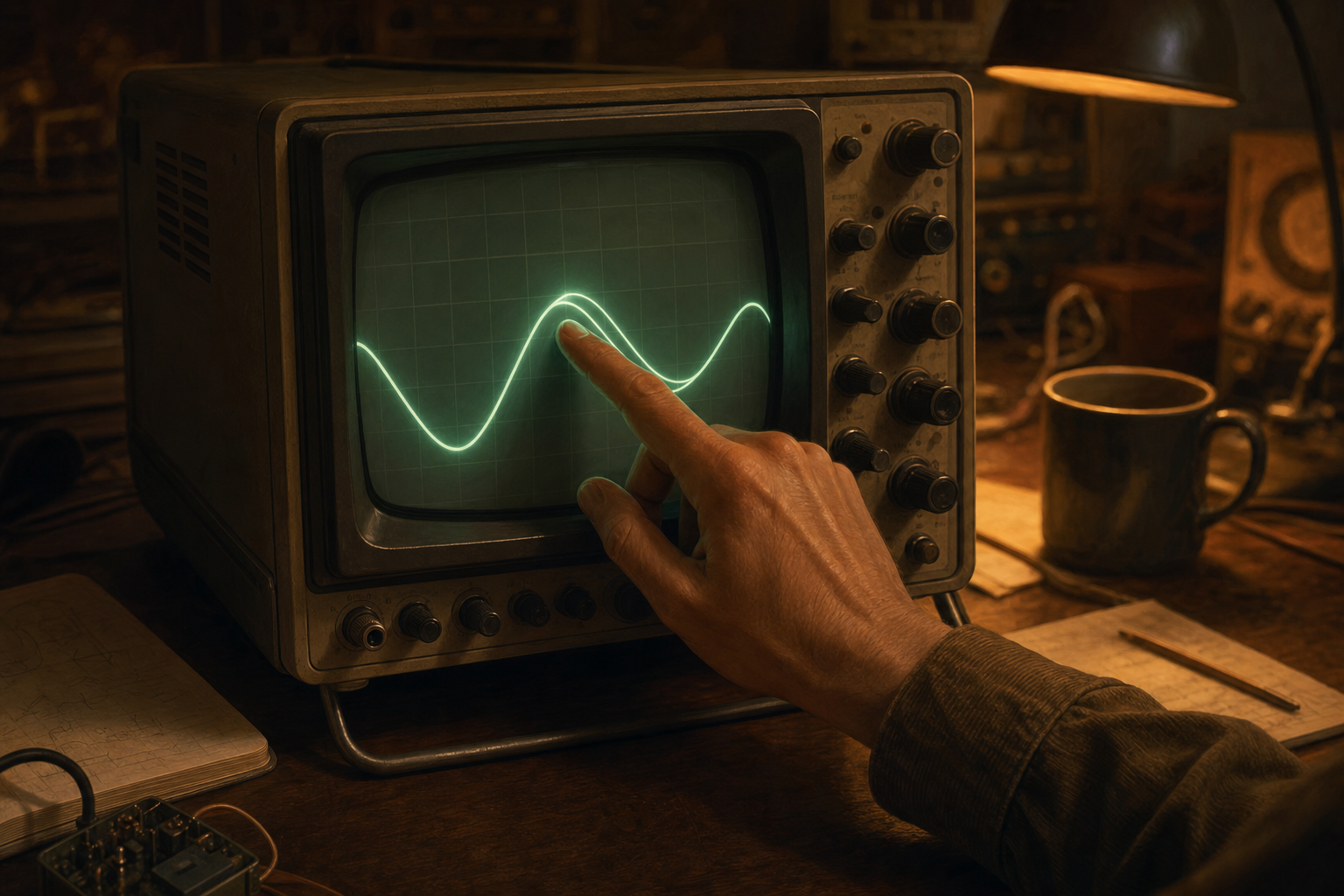 Un homme pose le doigt sur un oscilloscope vintage dont l'écran affiche une courbe qui se dédouble en deux sinusoïdes déphasées