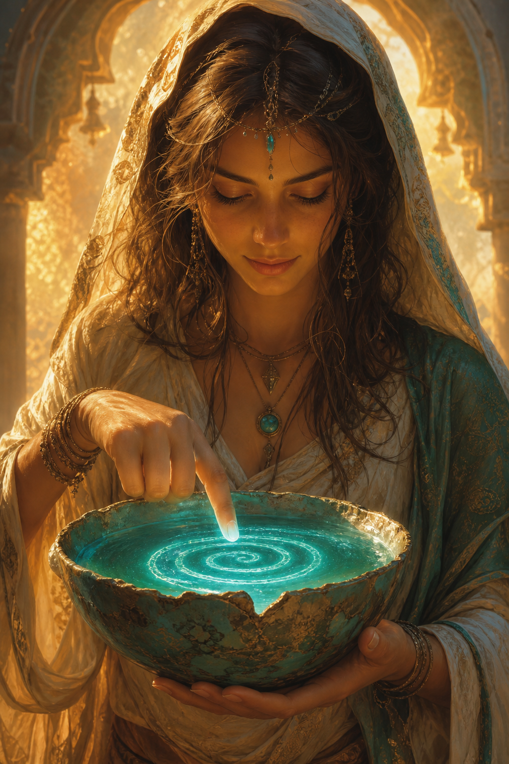 Une femme au regard doux tient un bol en céramique ébréchée rempli d'un liquide bleu-vert lumineux, dans une atmosphère spirituelle et onirique