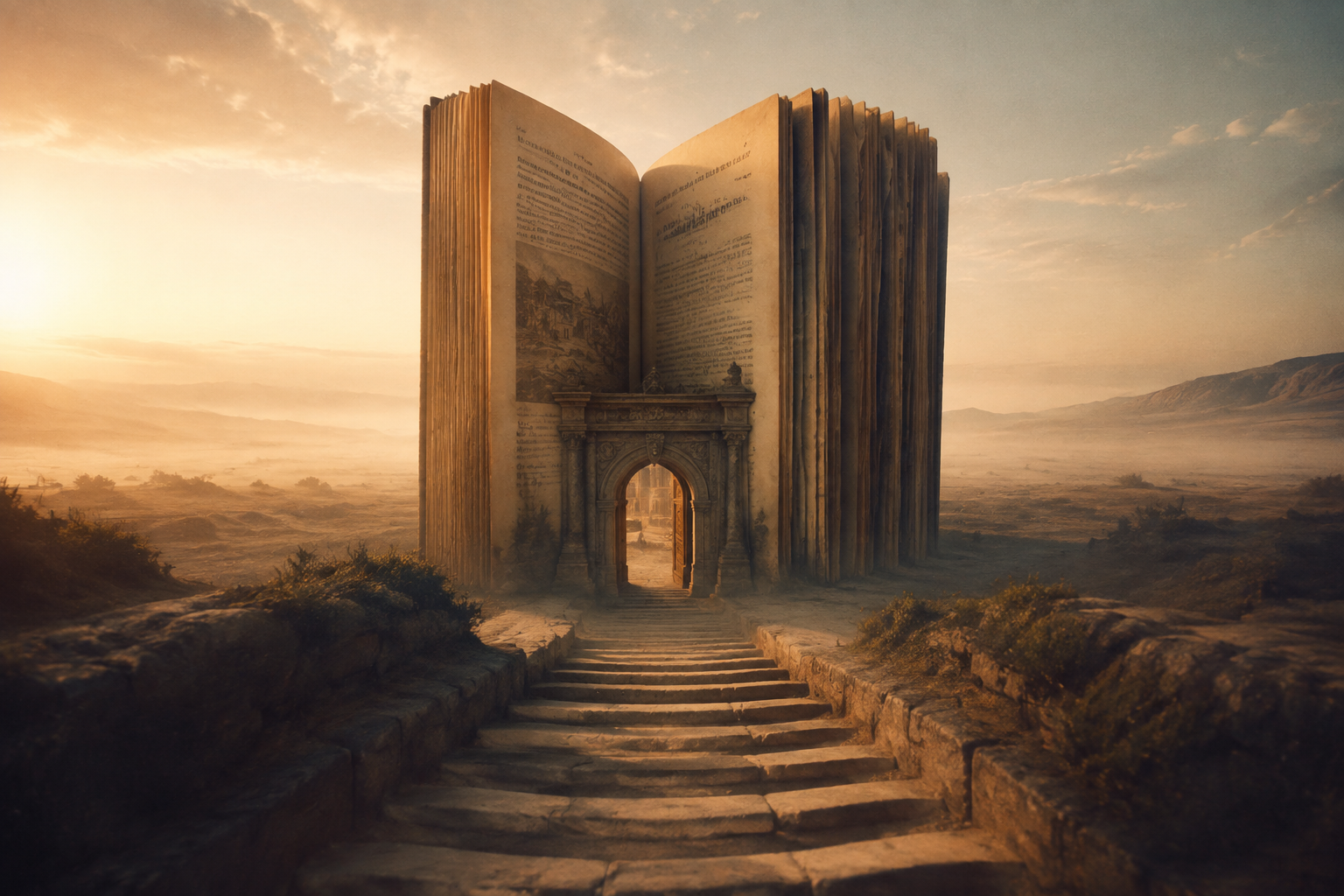 Un château-livre dressé dans une plaine, avec des tours qui sont des chapitres et onze marches de pierre usées menant à une porte