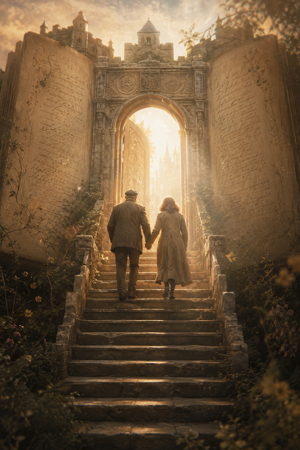 Un homme et une femme montant ensemble onze marches de pierre usées, main dans la main, du même pas, vers une porte
