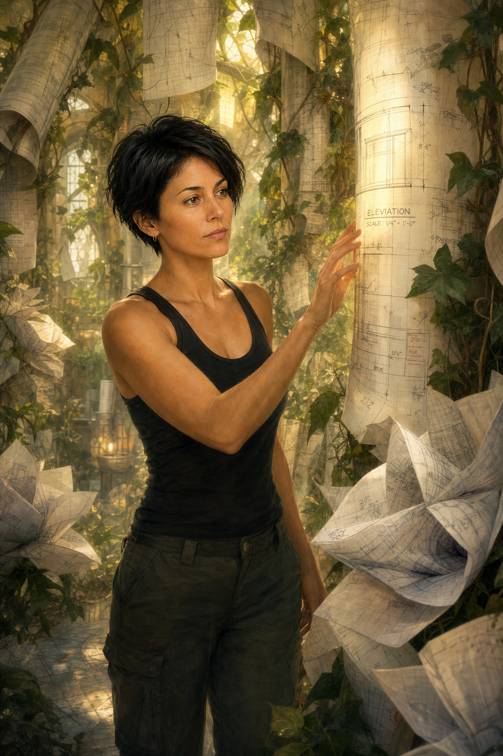 The greenhouse of living plans — rolls of graph paper growing like ivy