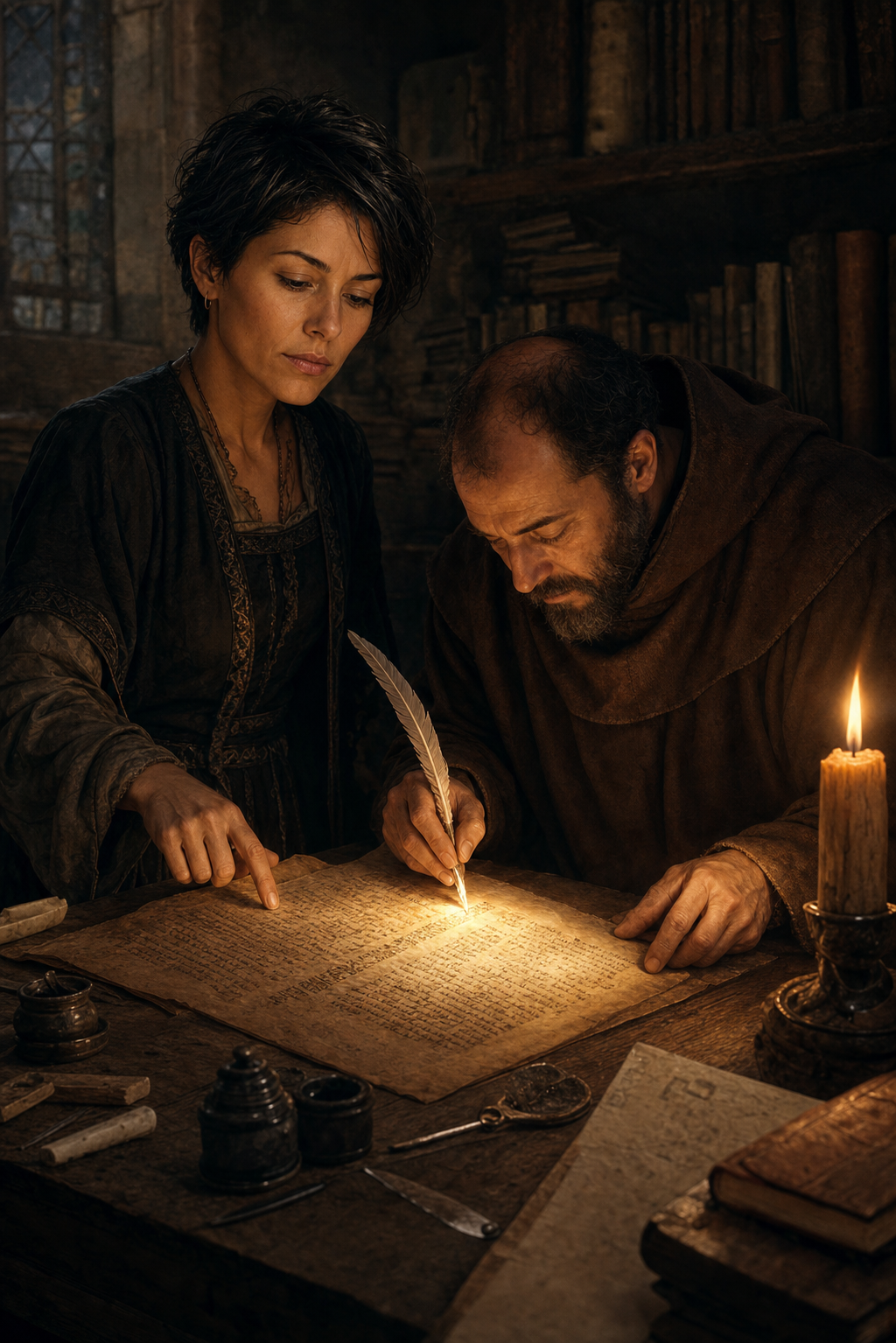 Papa as a calligrapher monk, bent over a softly glowing palimpsest parchment