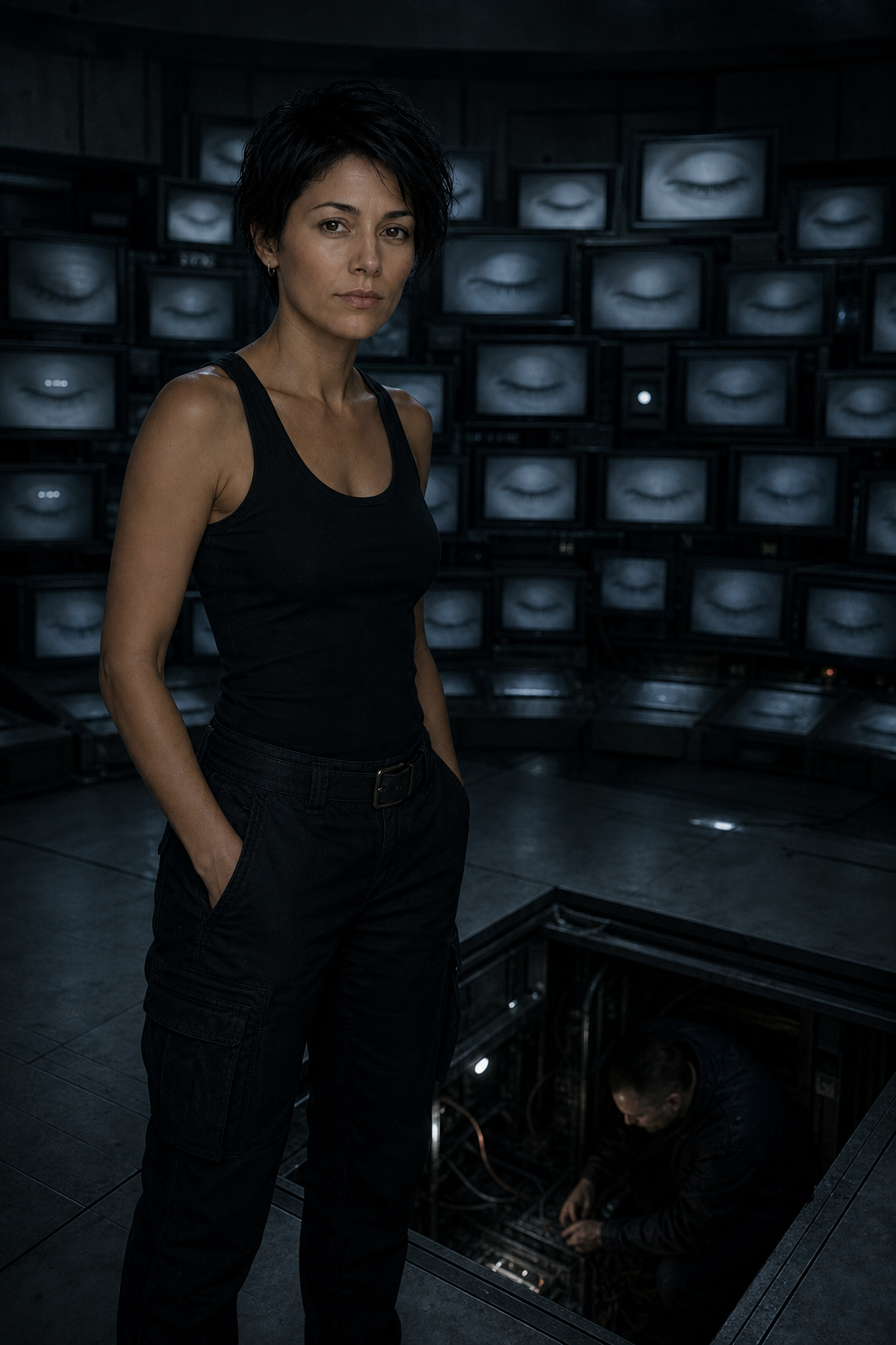 Control room with gray pulsing screens, a figure bent over an open floor hatch