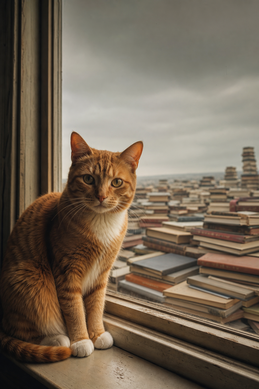 A ginger cat with white paws on a window sill, a horizon of stacked books beyond
