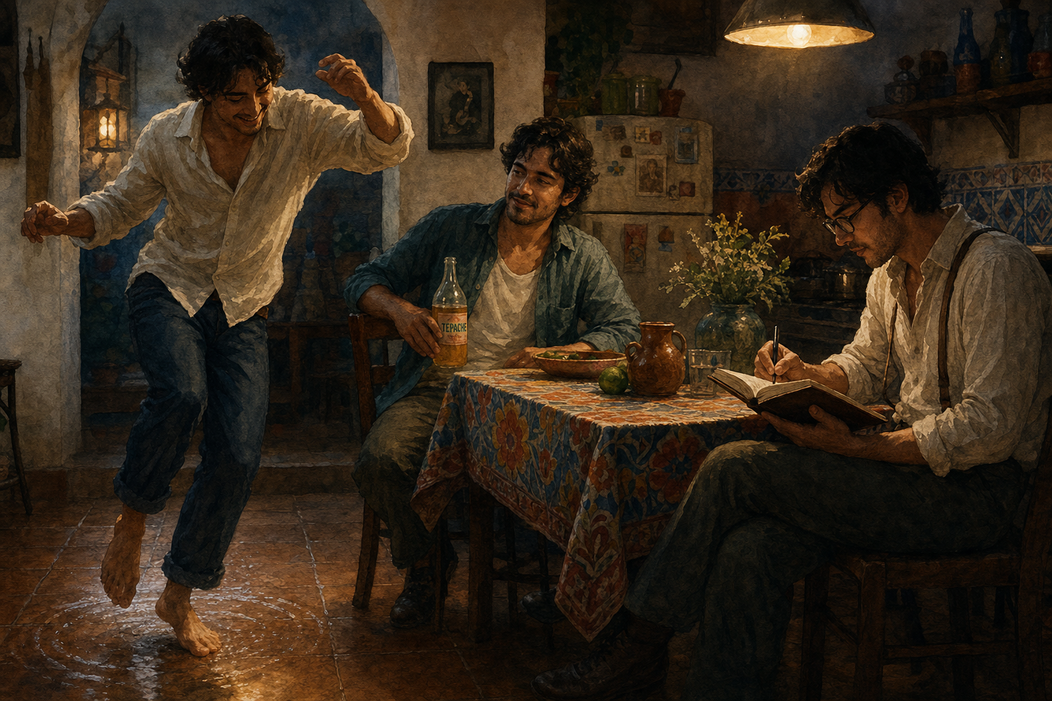 Dos gemelos alrededor de una mesa de cocina mexicana — uno baila, el otro anota, un hombre entre ellos sostiene una botella