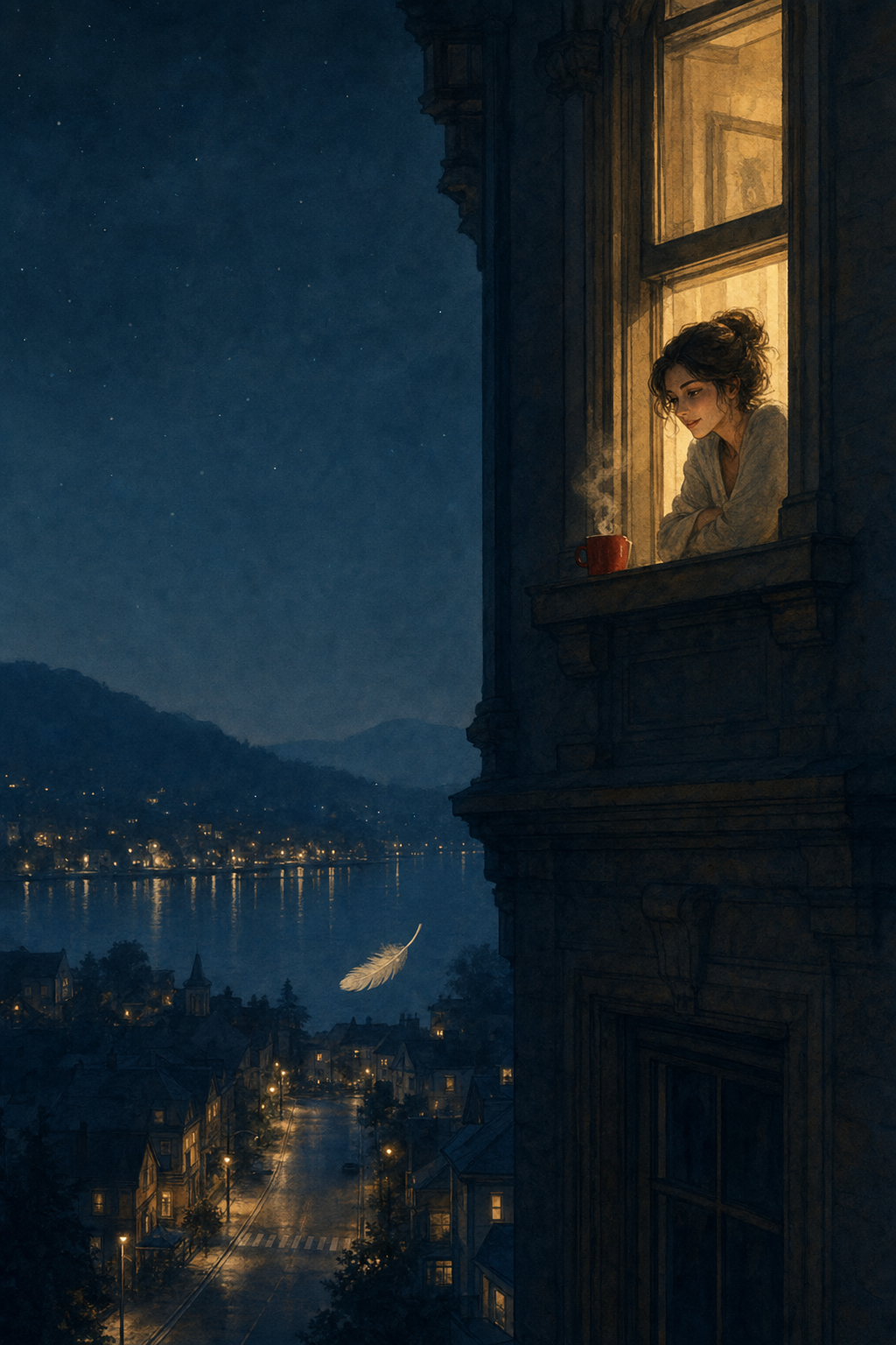 Una mujer en una ventana muy arriba, una taza roja humeante, una pluma que baja flotando en la noche